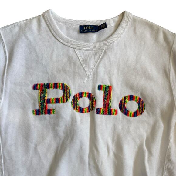 Polo Ralph Lauren White Sweatshirt Size M Yarn Colorful Logo - Picture 1 of 11